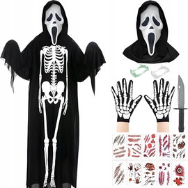 STRÓJ KOŚCIOTRUP HALLOWEEN SZKIELETOR PRZEBRANIE + MASKA KRZYK 120CM