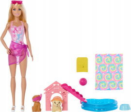 Zestaw Barbie Pieski na basenie JBF35 Lalka i 2 pieski ze zjeżdżalnią