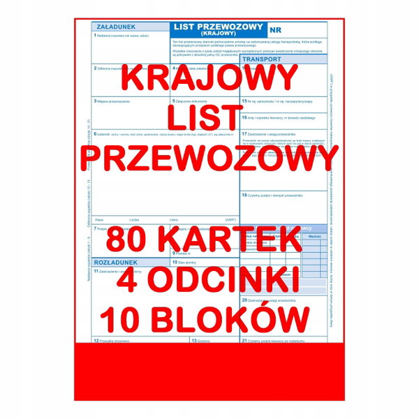 Krajowy List Przewozowy 80 kartek - 4 odcinki - 20 kompletów - 10 szt.