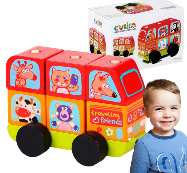 Drewniany edukacyjny autobus z klocków Cubika 7 elem. dla dzieci LM-10 13197