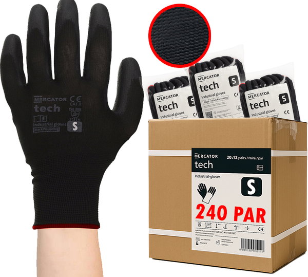 Rękawice Robocze MERCATOR Tech Black+Black PU - S - 240 Par