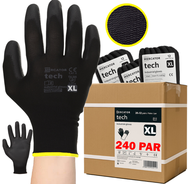 Rękawice Robocze MERCATOR Tech Black+Black PU - XL - 240 Par