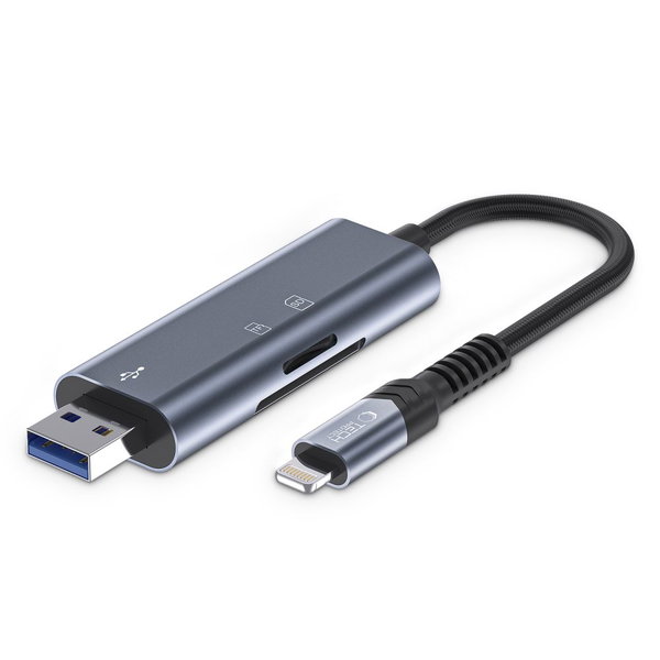 Czytnik kart pamięci SD / micro SD ze złączem iPhone Lightning / USB-A - szary
