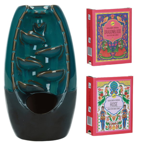 Kominek Ceramiczny + Kadzidełka Stożkowe (Dragon Blood + Rose)