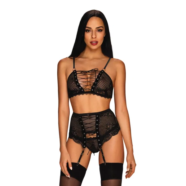 Obsessive Basitta Czarny 3-częściowy komplet bielizny L/XL z koronką
