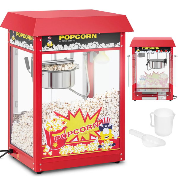 Barowa maszyna do popcornu z czerwonym daszkiem