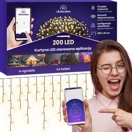 Kurtyna LED całoroczna sterowana APLIKACJĄ dekoracja świetlna 200 girlanda
