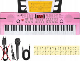 Keyboard pianino cyfrowe do nauki dla dzieci 61 klawiszy z mikrofonem, róż