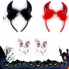 2 x Rogi diabła, opaski czarne i czerwone + naklejki na twarz