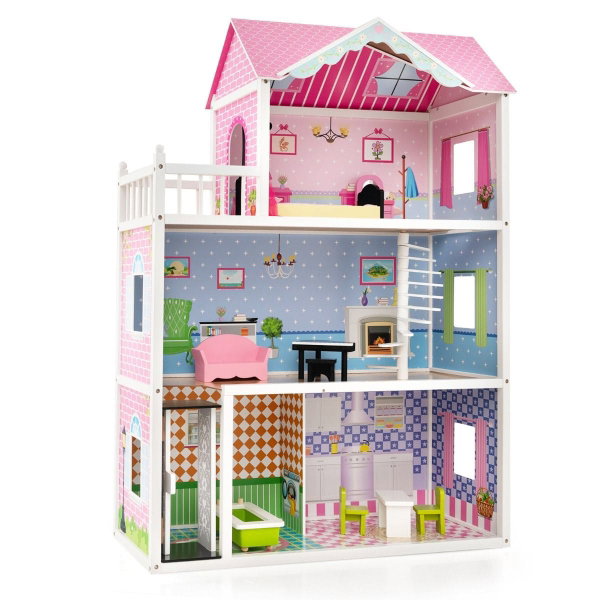 DOMEK DLA LALEK 3 PIĘTRA WINDA BALKON MEBELKI 114 CM