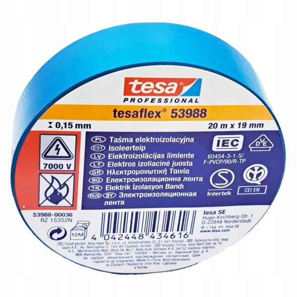 Tesa Taśma Elektroizolacyjna Mocna Izolacja PCV Niebieska 20m x 19mm