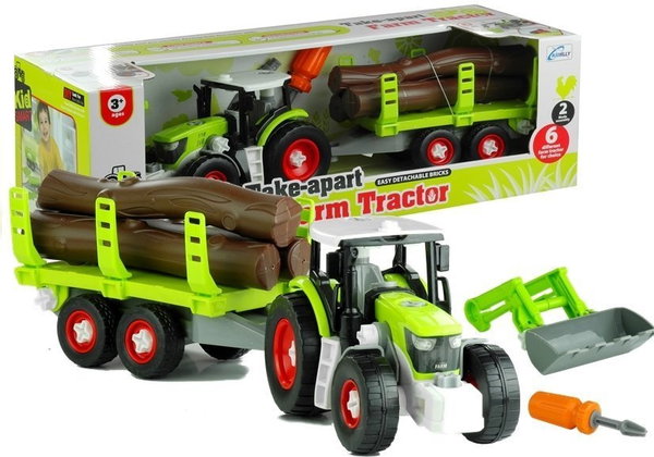 DO ROZKRĘCANIA ZABAWNY TRAKTOR Z DREWNIANĄ PRZYCZEPĄ  