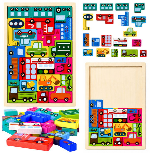 DLA DZIECI KOLOROWE DREWNIANE PUZZLE POJAZDY