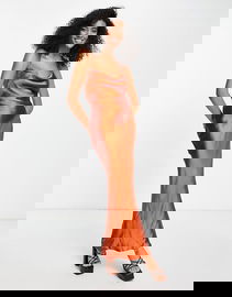 ASO DESIGN Miedziana satynowa sukienka maxi (36)