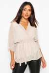 BOOHOO Beżowa bluzka kimono pasek (50)
