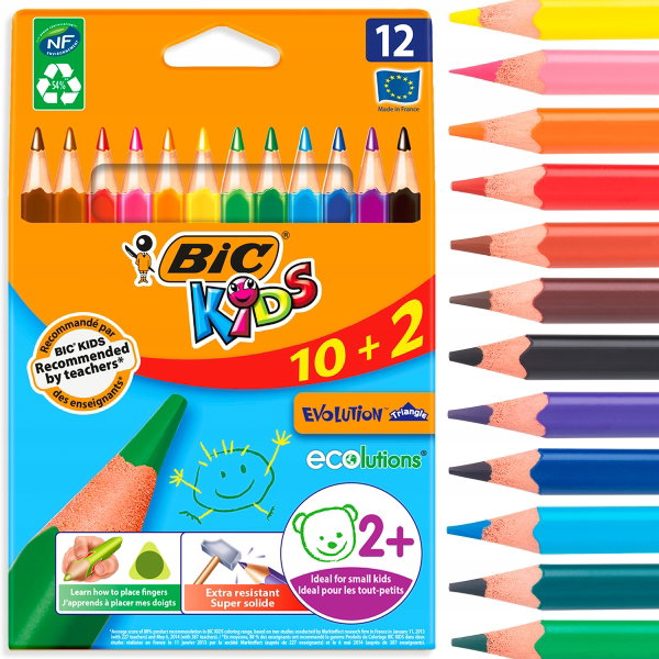 BIC KIDS EVO TRÓJKĄTNE GRUBE KREDKI OŁÓWKOWE 12 KOL.