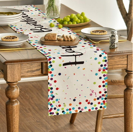 Urodzinowa dekoracja stołu Happy Birthday bieżnik w kropki BEŻOWY 40X180