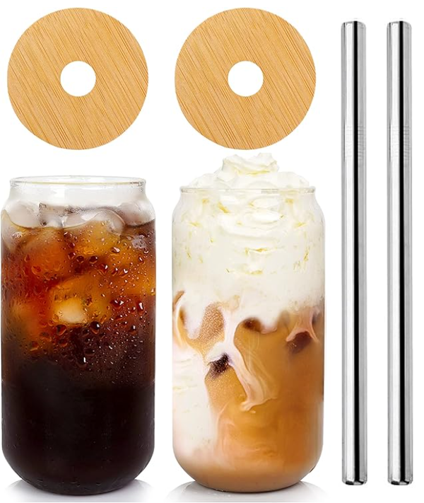 Szklanki do kawy z pokrywkami i słomką, bambusowa górna pokrywa, 590 ml