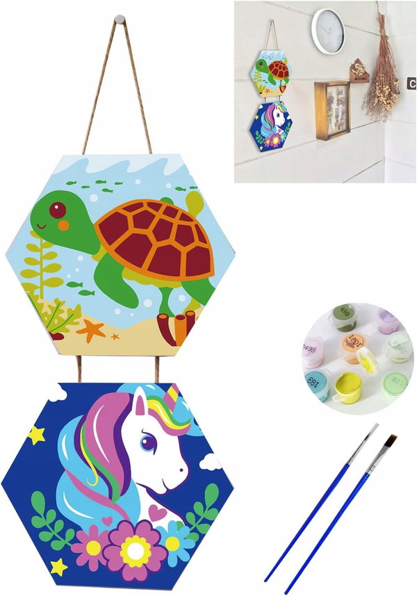Malowanie po numerach Zestaw DIY z farbkami 18x16cm Jednorożec Żółw 2szt
