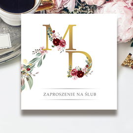 Zaproszenia ślubne  Boho Bordo Inicjały Kwadratowe