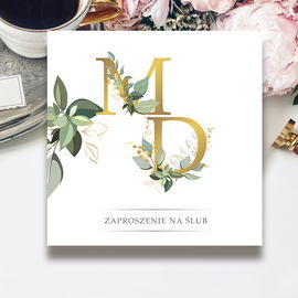 Zaproszenia ślubne  Boho Greenery Inicjały Kwadratowe