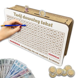 Skarbonka wykreślana wyzwanie oszczędzanie twój dowolny tekst Cel 10000 zł