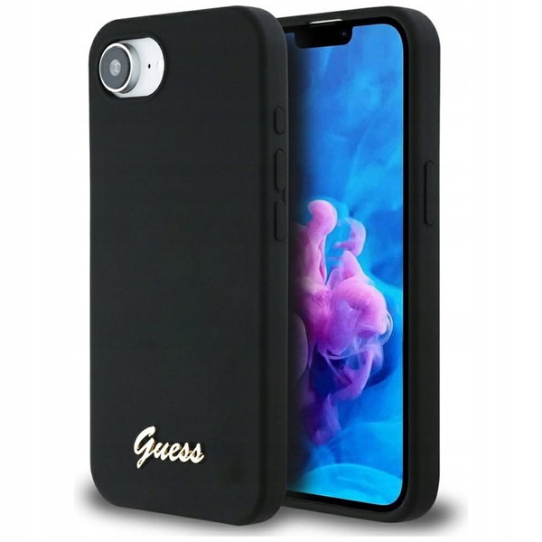 Guess Silicone Script Metal Logo MagSafe - Etui do iPhone 16e (czarny)