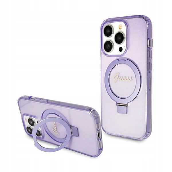 Guess Ring Stand Script Glitter MagSafe Etui iPhone 15 Pro (fioletowy)