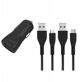Ładowarka samochodowa 2x USB-A 2.4A + Kabel USB-C & Micro USB (Czarny)