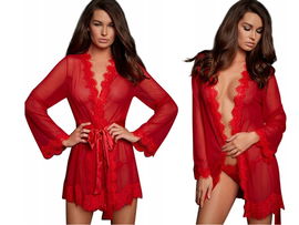Bielizna Damska Czerwony Szlafrok Stringi Koronka
