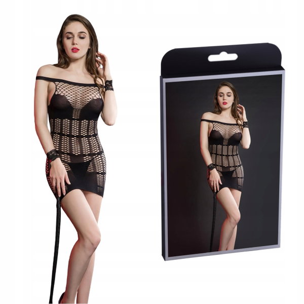 Czarna Sukienka Mini Body Pończoch Bielizna Siatka