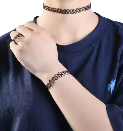 Czarny Choker Naszyjnik Chocker 3szt Pierścionek Naszyjnik Zestaw Komplet