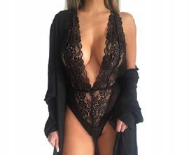Piękna Czarne Body Bielizna Damska Koronka Dekolt