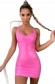 Różowa Sukienka Mini Błyszcząca Vinyl Latex Lack Komplet Połysk Bielizna