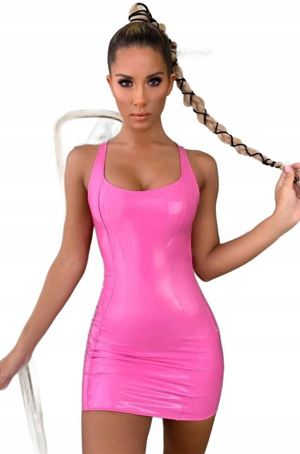 Różowa Sukienka Mini Błyszcząca Vinyl Latex Lack Komplet Połysk Bielizna