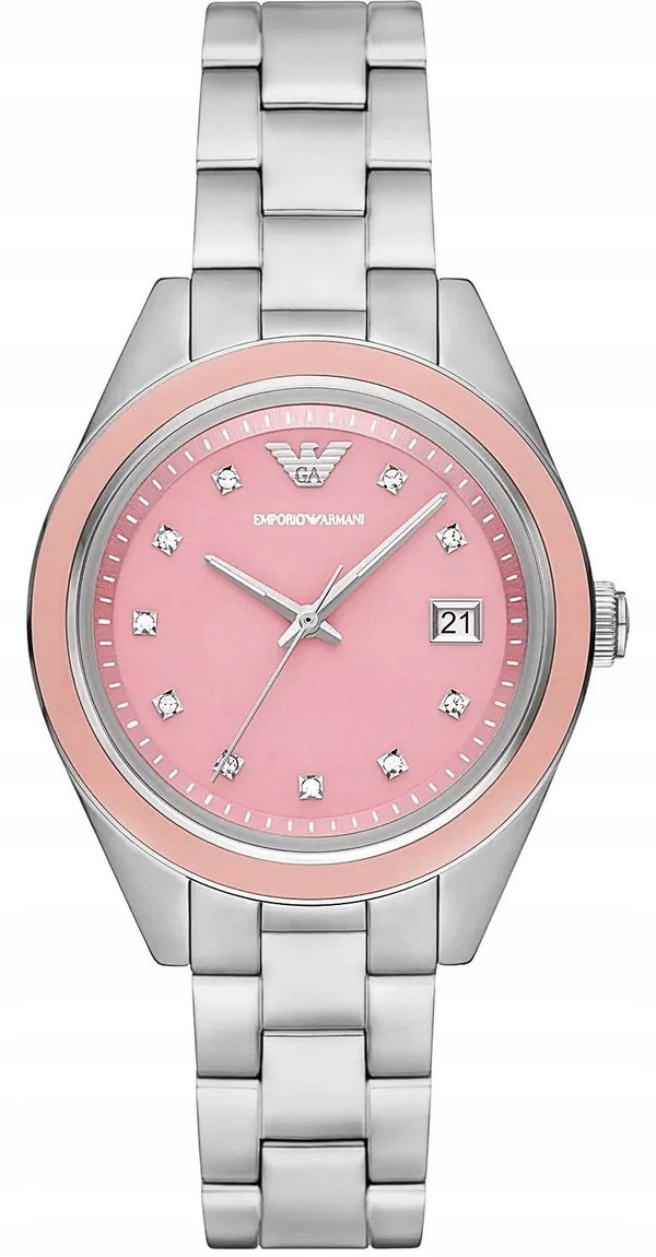 Zegarek damski Emporio Armani kwarcowy tarcza różowa bransoleta srebrna