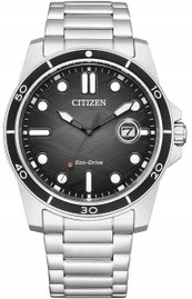 Zegarek męski Citizen Eco-Drive tarcza czarna z motywem bransoleta srebrna