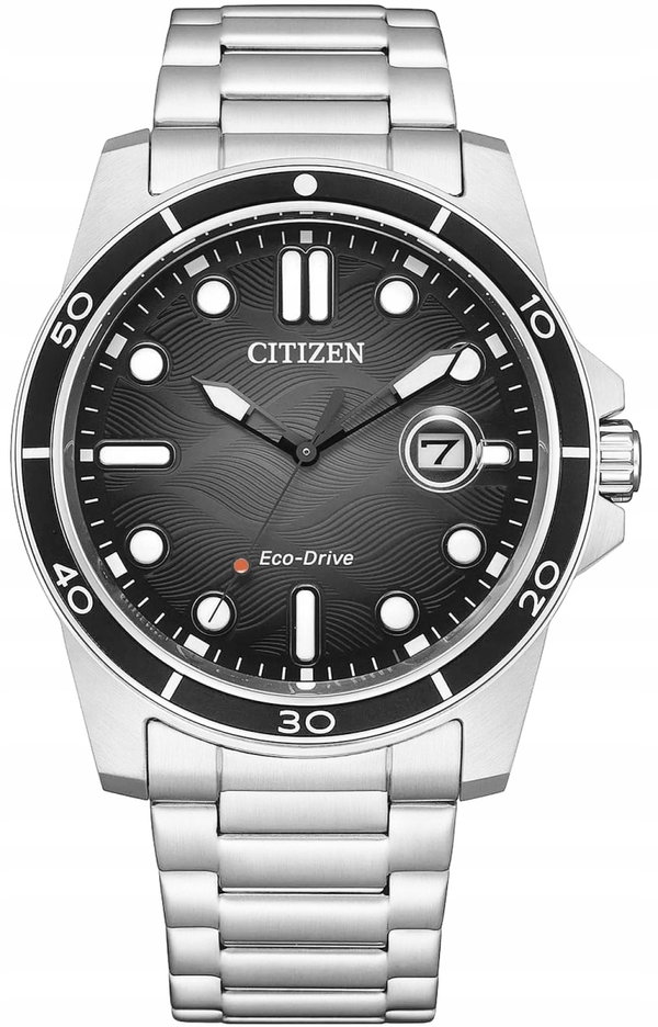 Zegarek męski Citizen Eco-Drive tarcza czarna z motywem bransoleta srebrna
