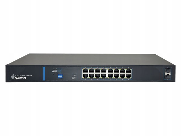 Niezarządzalny przełącznik (switch) 16 portów RJ45 PoE+ 1Gb/s + 2 porty SFP