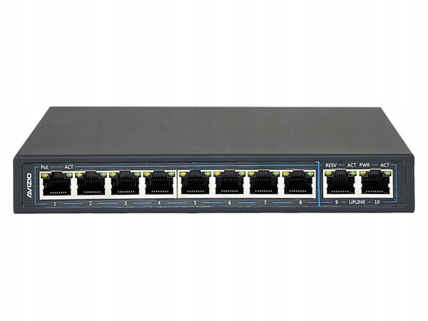 Niezarządzalny przełącznik (switch) 8 portów RJ45 PoE 1Gb/s + 2 porty RJ45