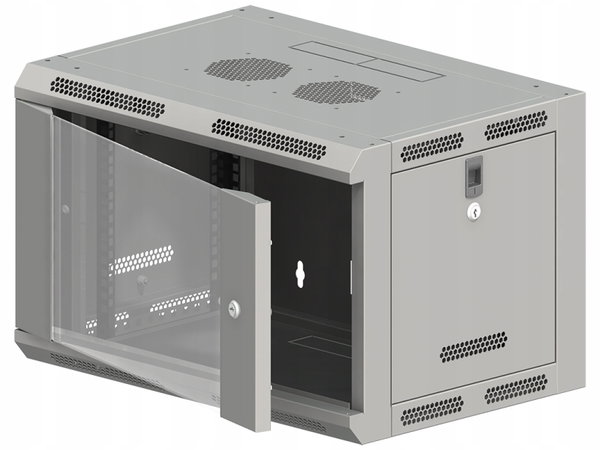 Szafa wisząca 19" 9U 600x600, niedzielona, drzwi szklane jednoskrzydłowe, t