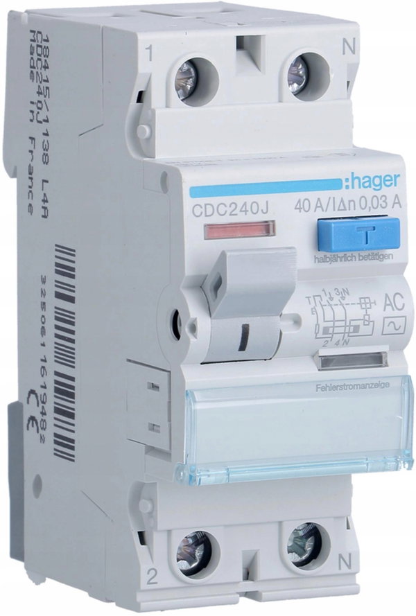 Wyłącznik różnicowoprądowy 1P+N 40A 30mA 6kA AC HAGER CDC240J
