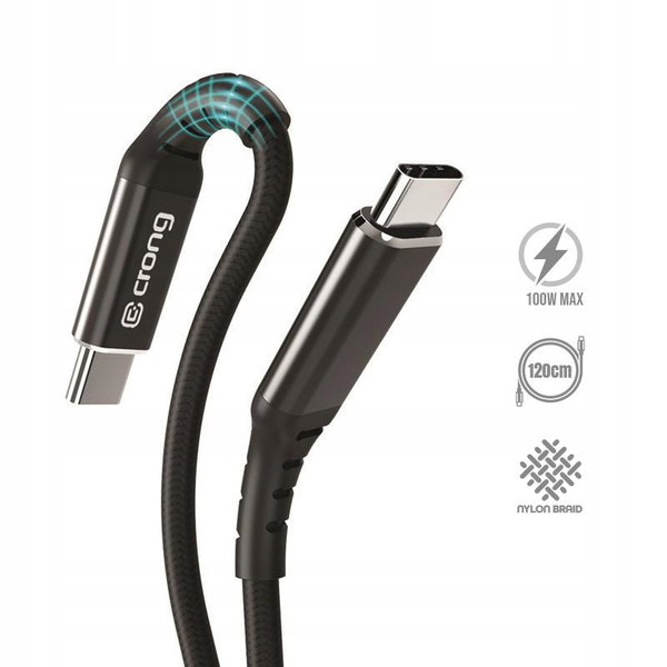 Crong Armor Link - Kabel 100W 5A USB-C do USB-C Fast Charging 120cm czarny