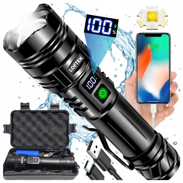 Latarka Led 20000Lm Akumulatorowa Mocna Powerbank 5000 Mah Zoom Wodoodporna