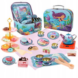 ZESTAW DO HERBATY W WALIZCE SYRENKA FILIŻANKI DZBANEK SŁODKOŚCI OBRUS