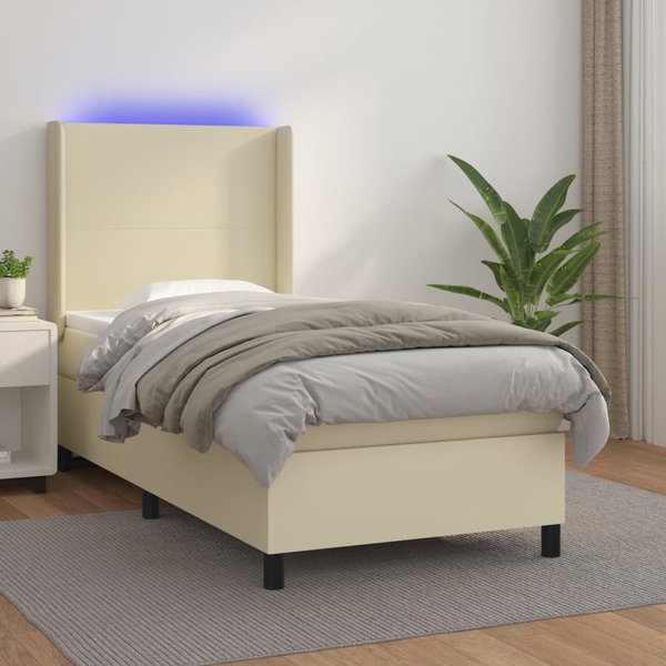  Łóżko kontynentalne z LED, materac, kremowe, ekoskóra 100x200cm