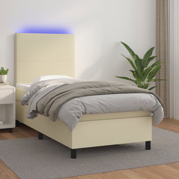  Łóżko kontynentalne z LED, materac, kremowe, ekoskóra 100x200cm