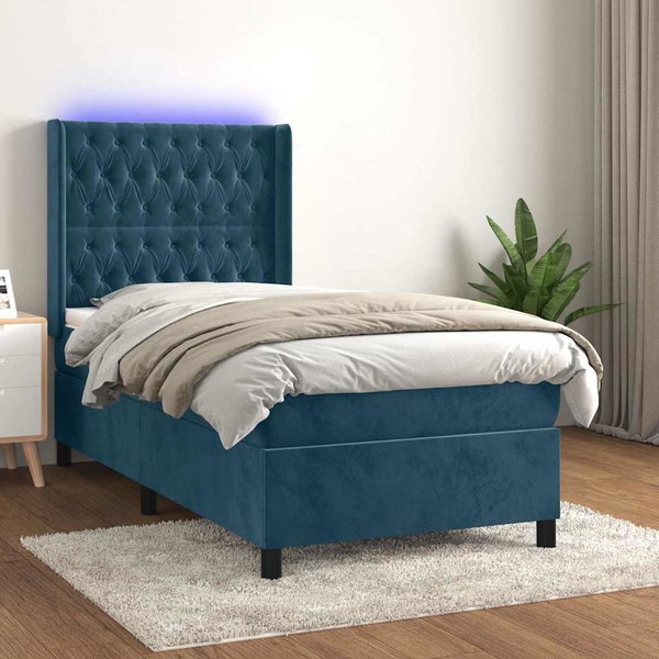  Łóżko kontynentalne, materac i LED, niebieski aksamit 90x190 cm
