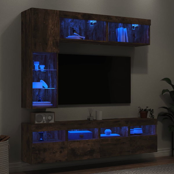  7-cz. zestaw ściennych szafek TV z LED, przydymiony dąb