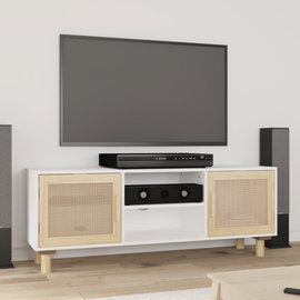  Stolik pod TV, biały, 105x30x40 cm, drewno sosnowe i rattan